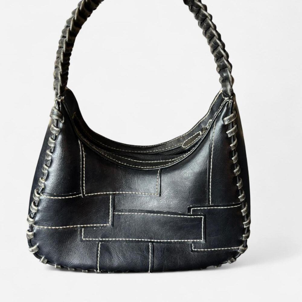 Vintage Y2K Black Mini Hobo Bag with Braided Strap & Contrast Stitch